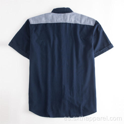 Camisas bordadas de manga corta con bolsillos azul oscuro para hombre